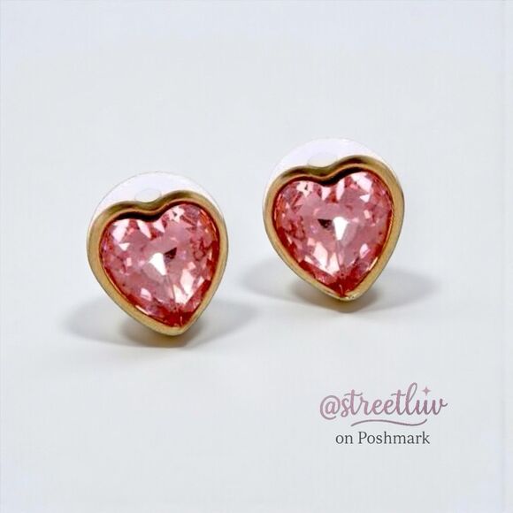 Napier Heart Stud Earrings Pink Crystal Gold Tone - Picture 2 of 4